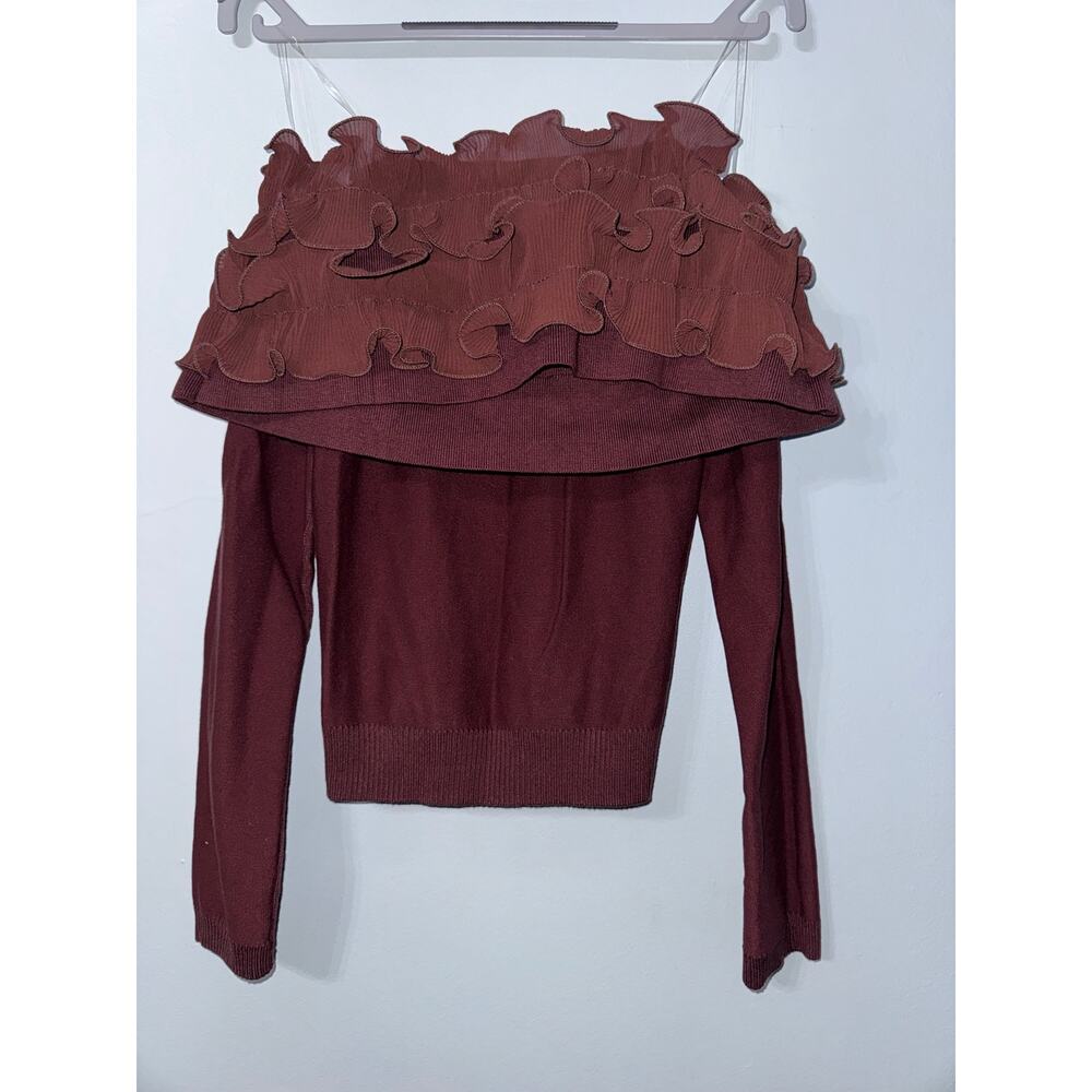 Boutique Brand Rivir Ruffle Off Shoulder Chocolate Brown Sweater Size Large NWOT